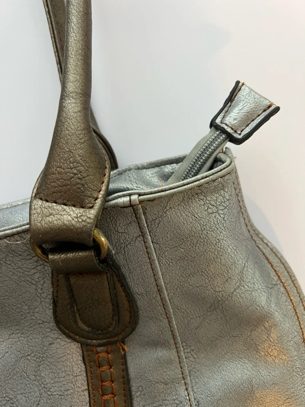 Limelight Metallic Silver Tote Bag, Brown Trim, Braided Detail & Floral Lining - Picture 12 of 16
